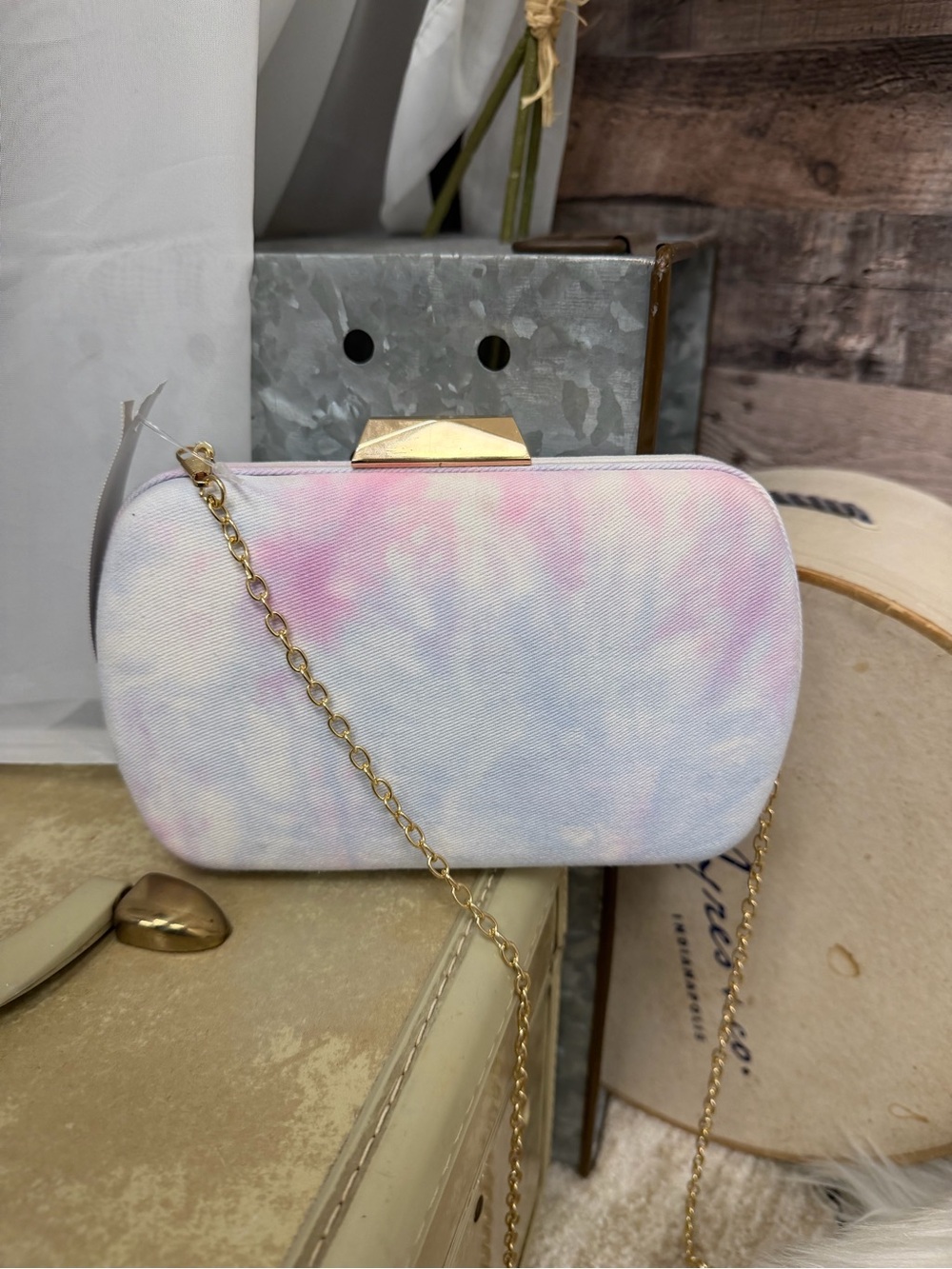 Denim Tye Due Blue & Pink Clutch /w Gold Chain OS